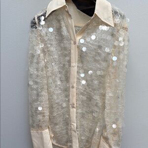 Zara Sequin Lace Button-Up Shirt